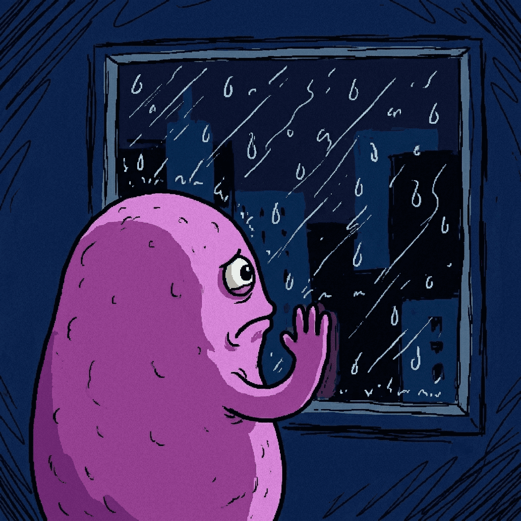 Wumpy looking out a rainy window at night