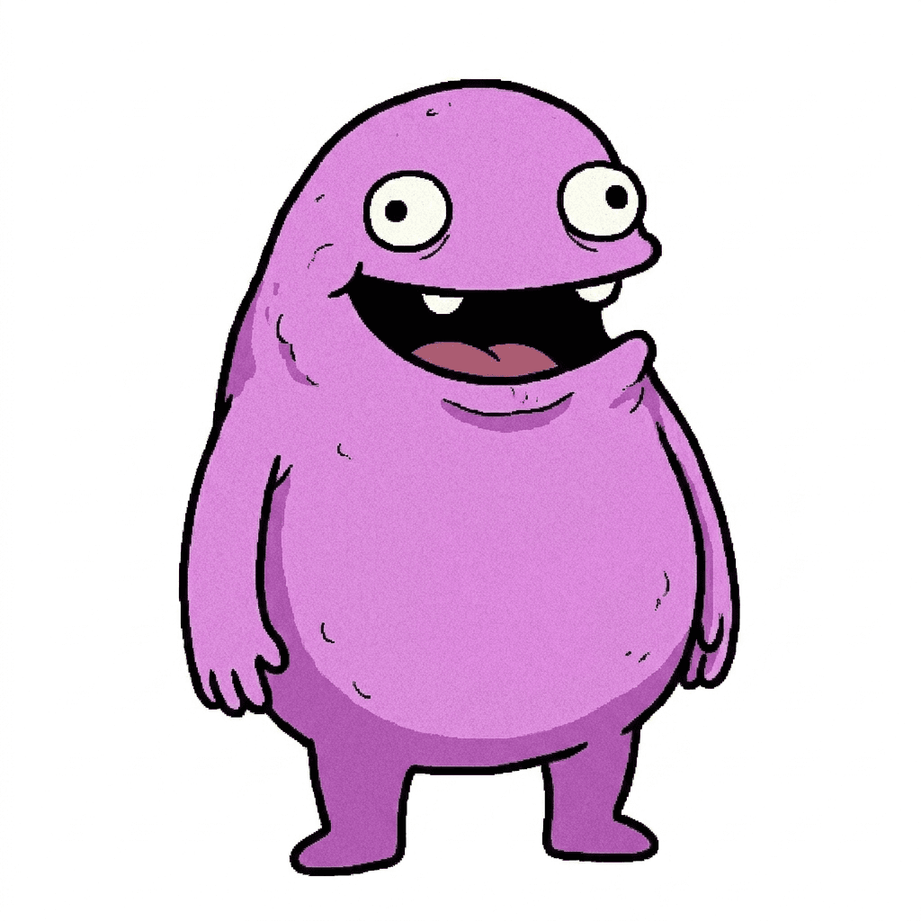 Wumpy, a plump purple blob, grinning like he knows something