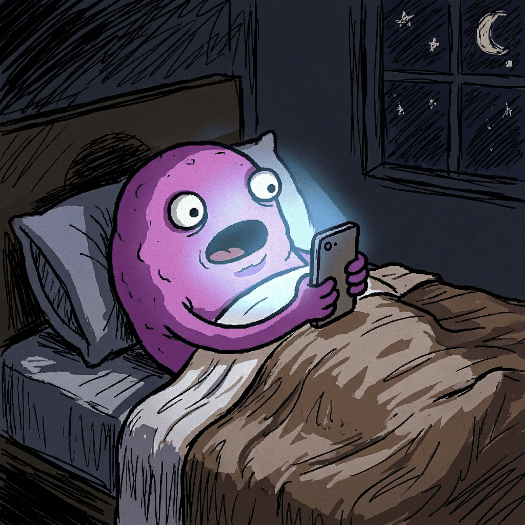 Wumpy in bed at night, staring at his phone, shocked
